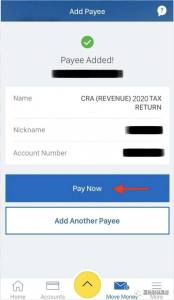 Click pay now to pay CRA tax in RBC online banking