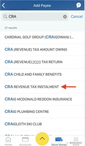 CRA tax instalment payee in RBC app
